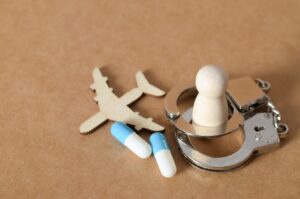 Symbolic representation of drug trafficking investigations involving pills, travel, and handcuffs
