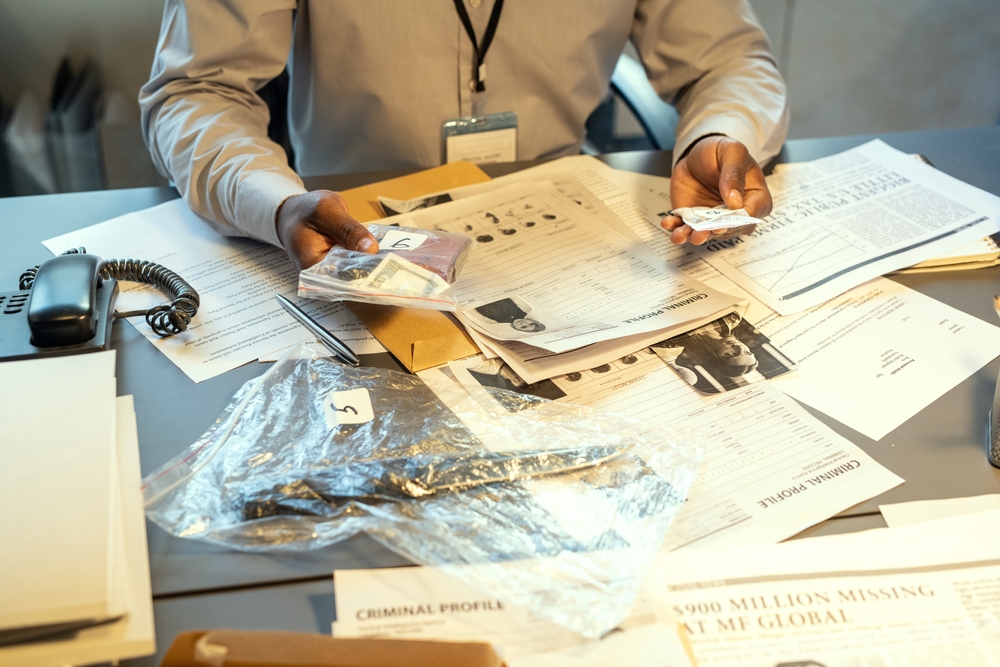 Federal agent reviews evidence in preparation for a case